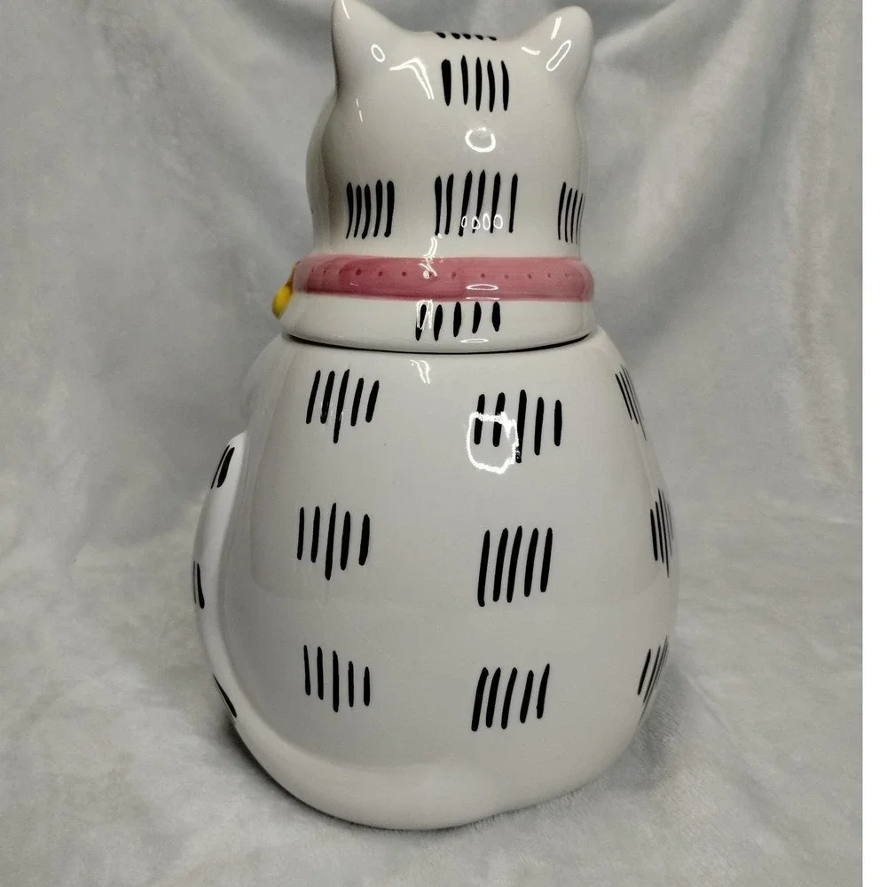 Vintage Ceramic Cat Cookie Jar‎ Taiwan White Cat w Mouse Yarn 1980s